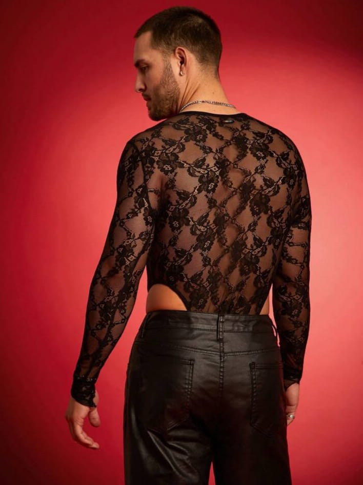 BONGA BOYS Men's Lace Crossed Strap See-Though Long Sleeve Bodysuit